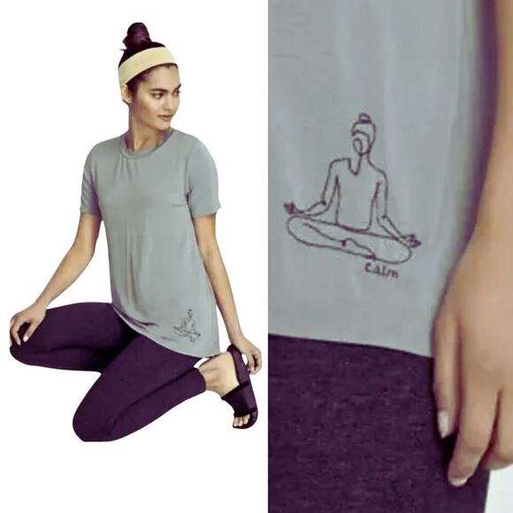Johnny Was Calme Embroidered Yoga Crewneck T-Shirt Bamboo Gray Womens M NWT - Picture 1 of 10